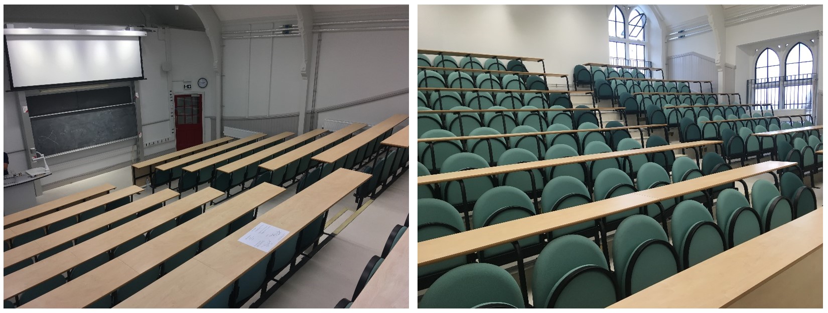 Tiered seats in rows facing the teaching wall.